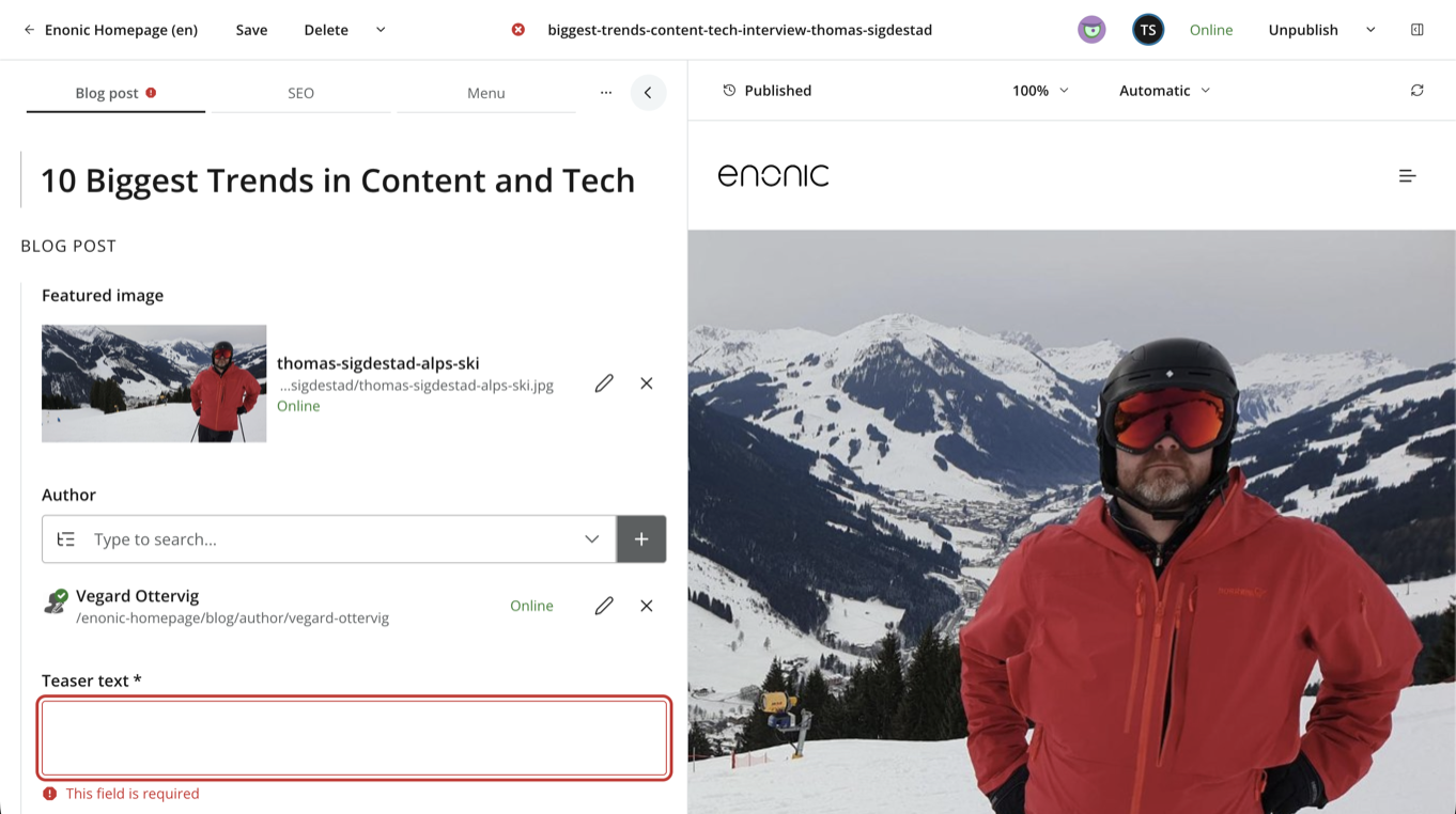 Content Form showing a required field with a validation error propagating to the tab and editor toolbar