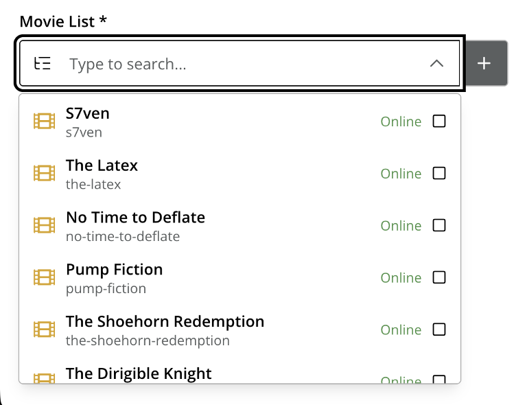 An input box with a dropdown listing content items below it