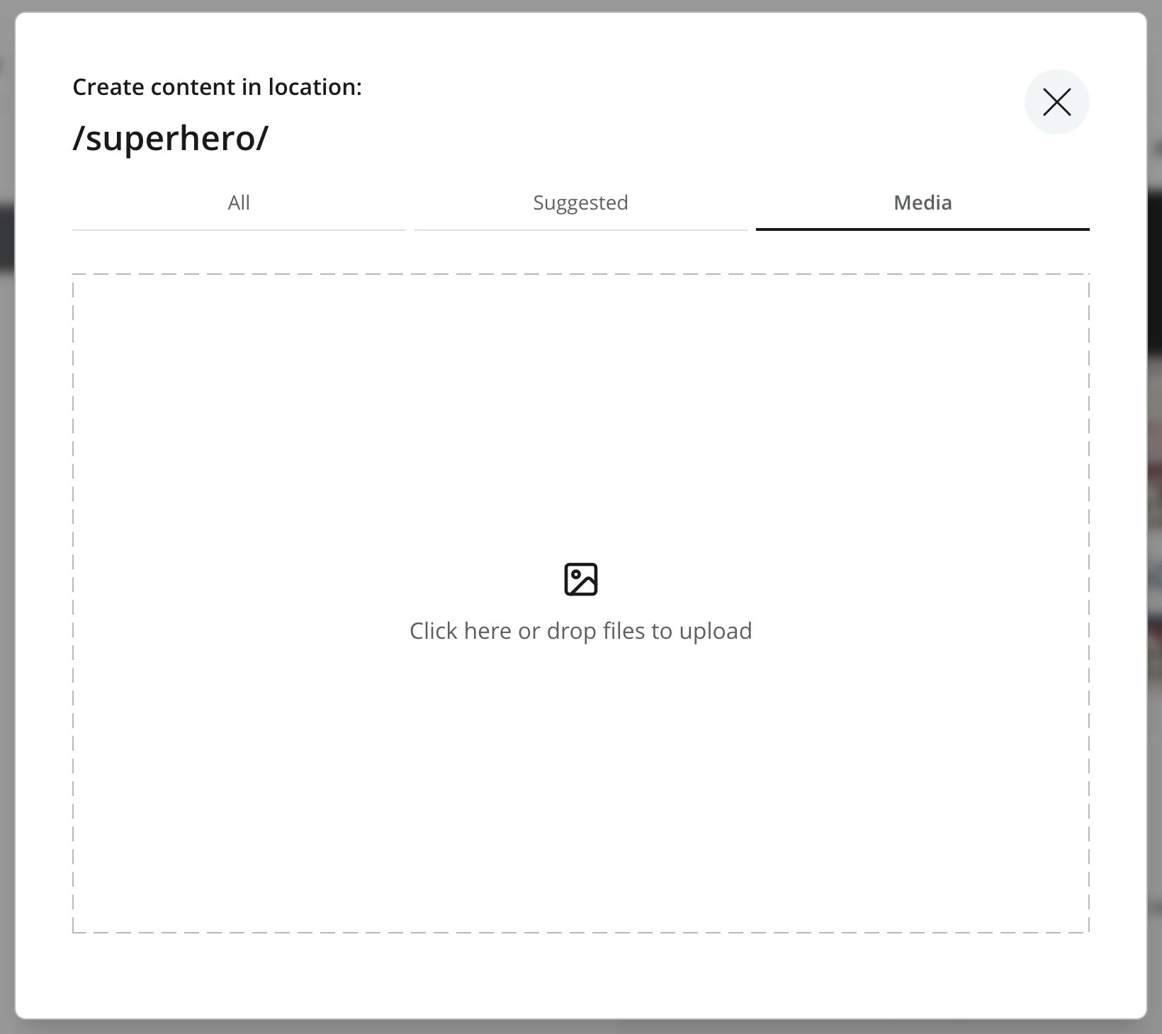 Media tab in the New Content dialog with a clickable file drop area