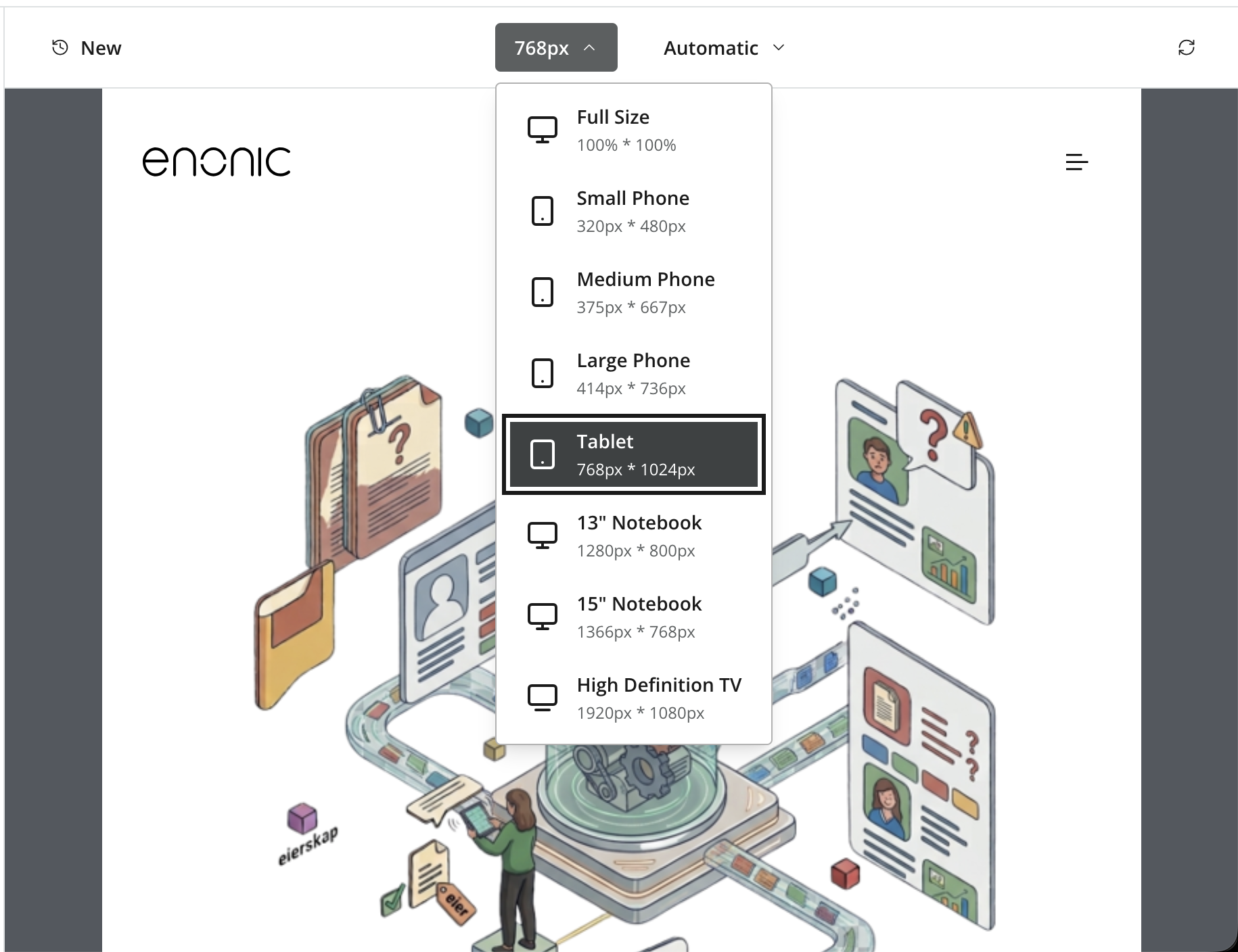 Preview emulator letting you select between different devices and screen sizes
