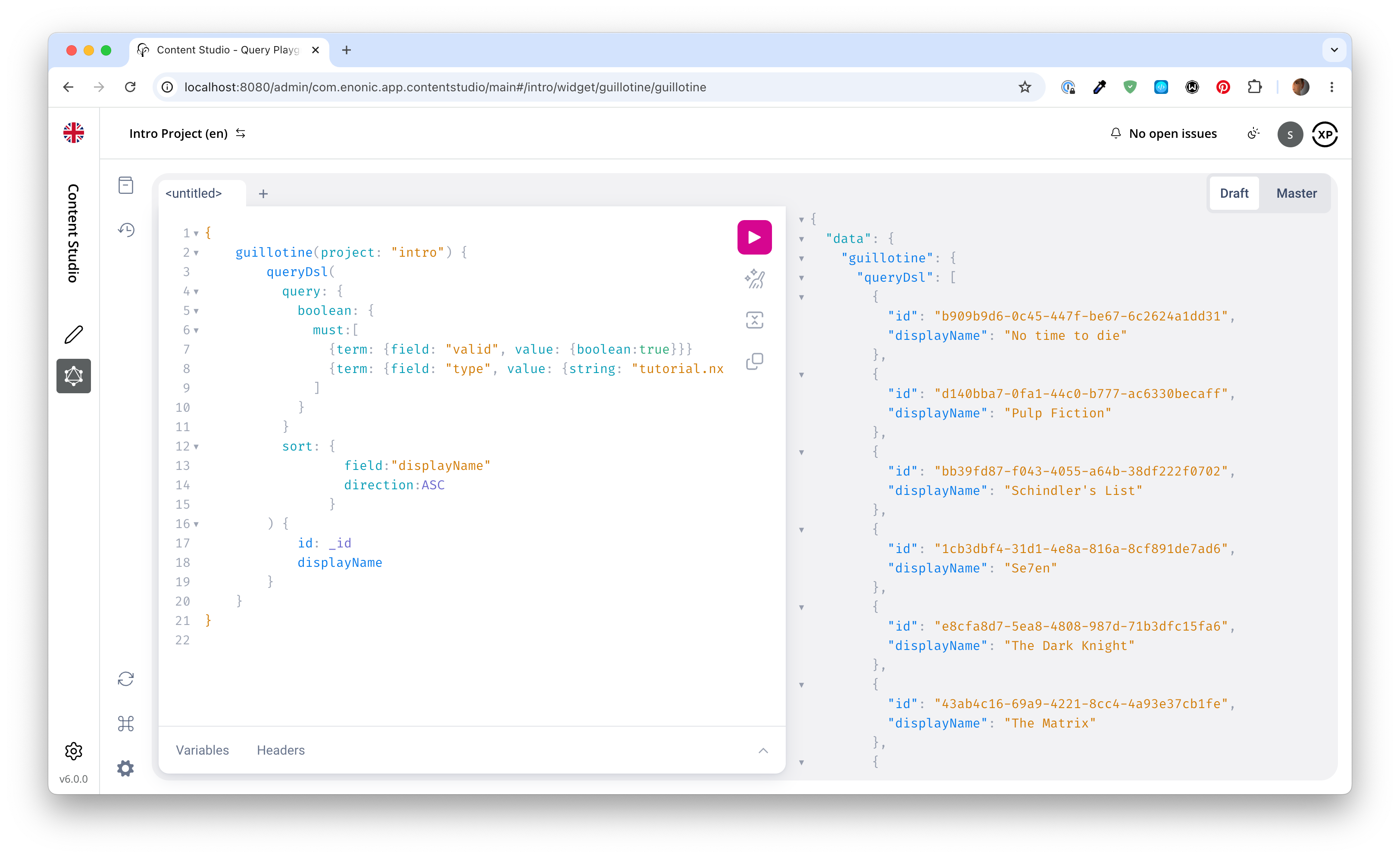 Running a query for movies in Query Playground content studio basic query