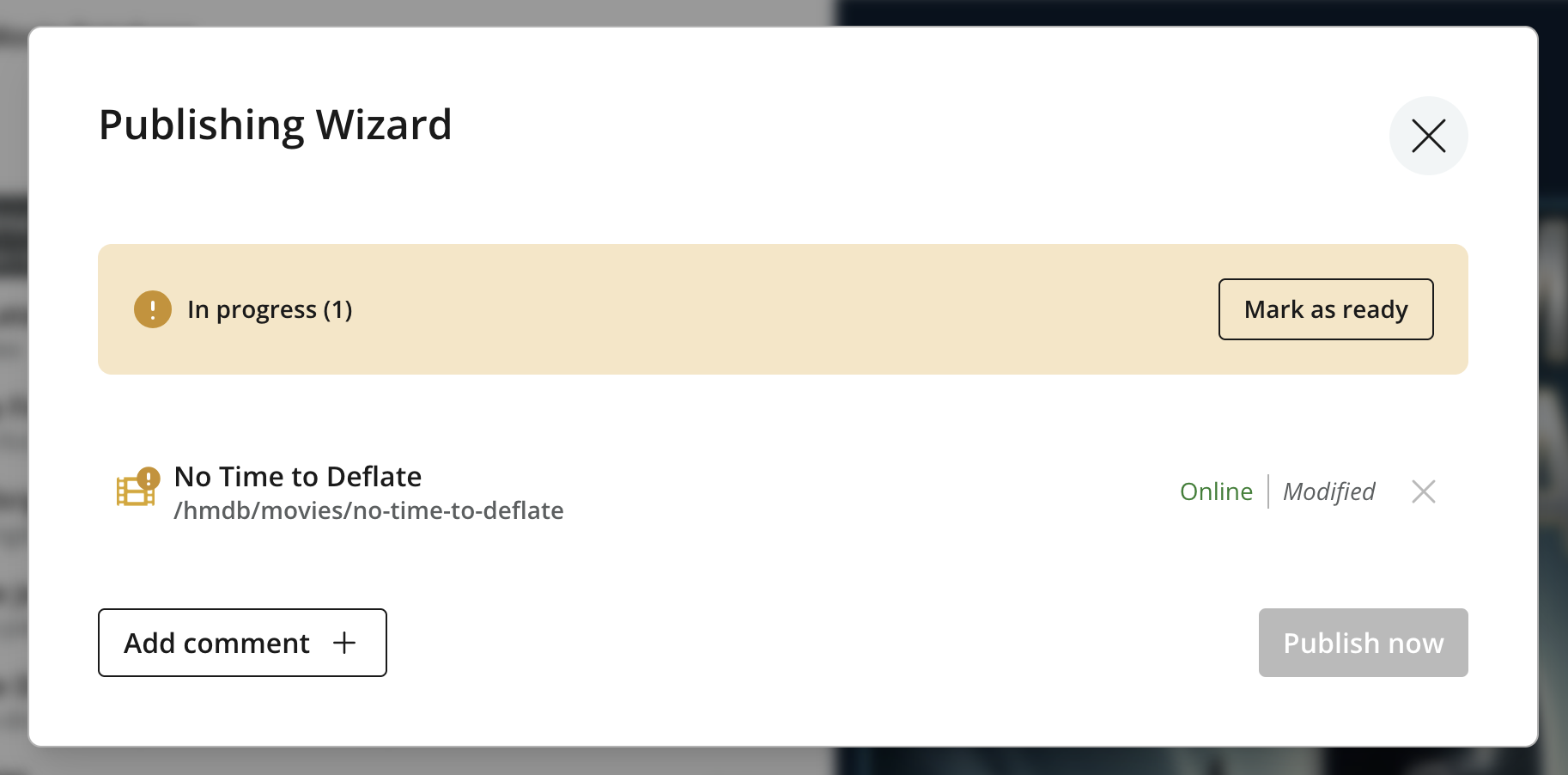 In-progress content is blocked in the Publishing wizard