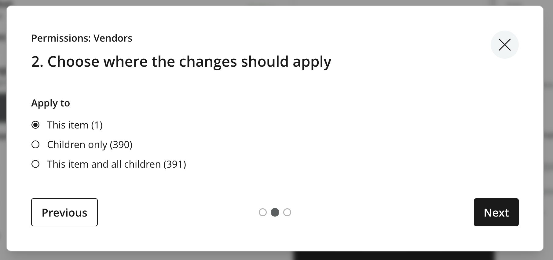 Permissions wizard step 2 showing where changes can be applied