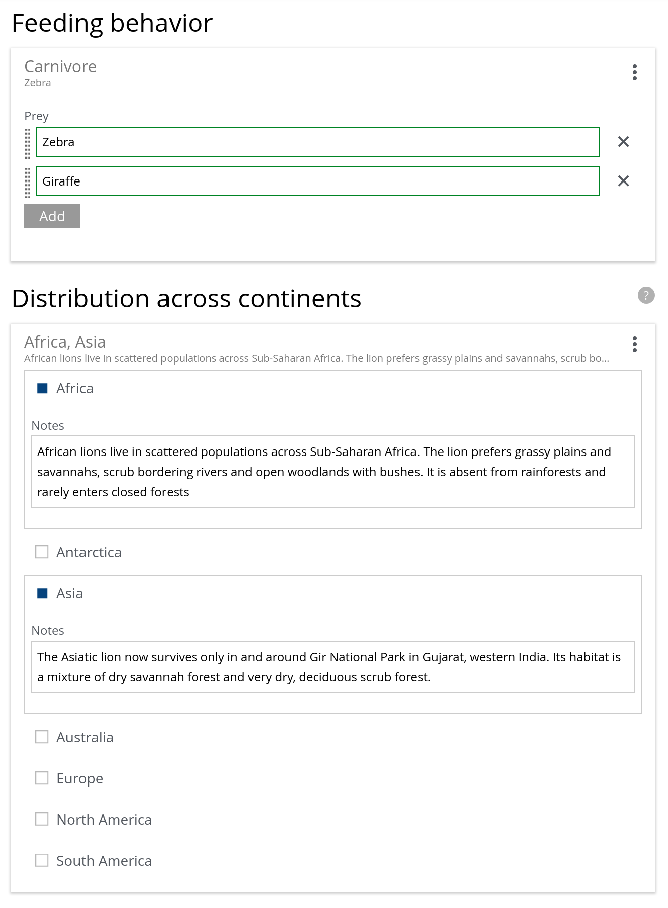 Diet and distribution data filled out for lion. The feeding behaviour selected is 'Carnivore' and the list of prey includes zebras and giraffes. For the distribution data, Africa and Asia is selected, with a short text about how Lions live in these areas today.