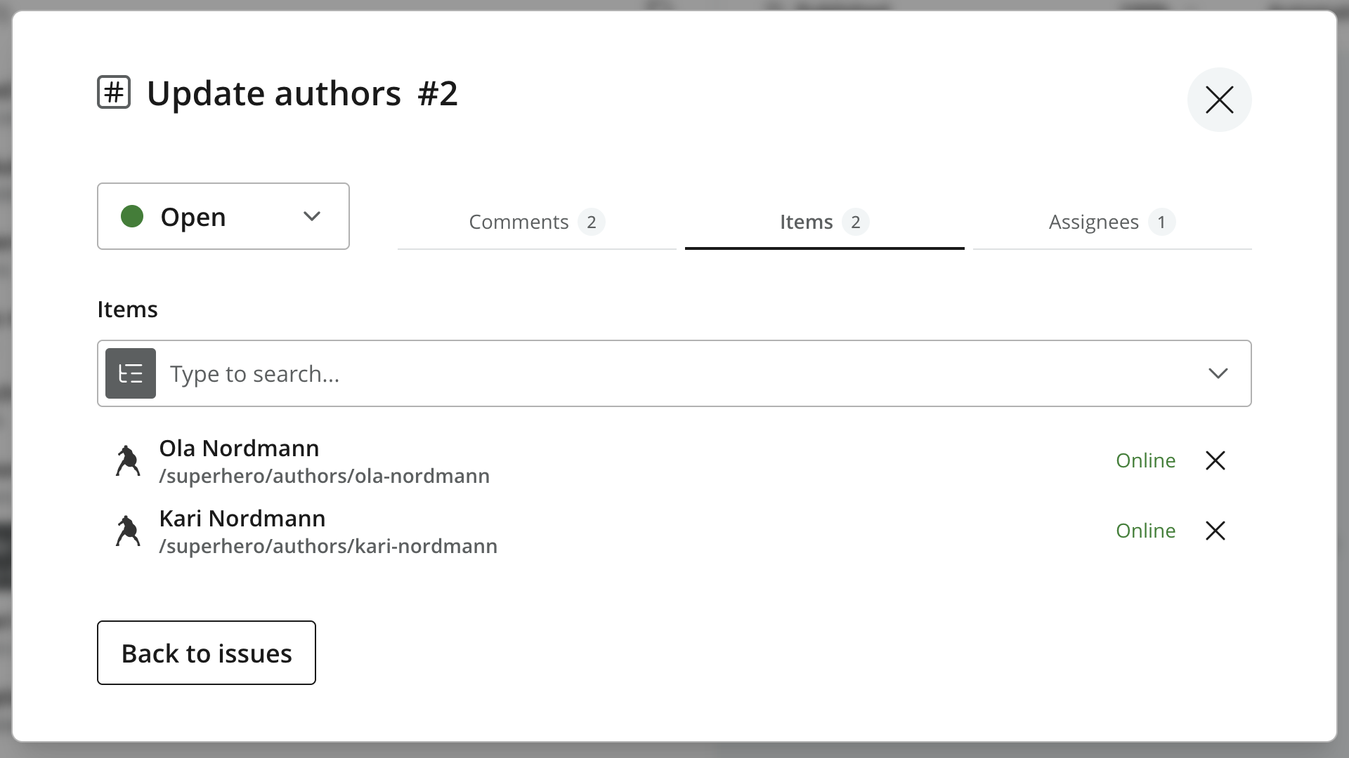 Issue Items tab with a content selector and two attached authors, each with a remove control