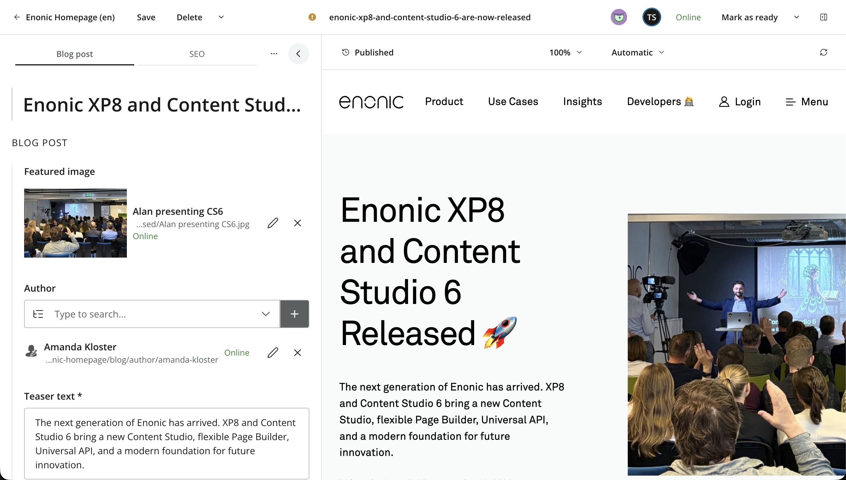 Content Editor screenshot of a blog post being edited with the Content Form and Preview visible