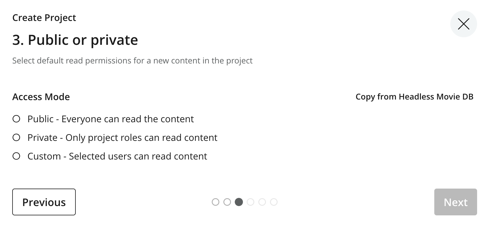 Project wizard showing the access mode choices for the new layer