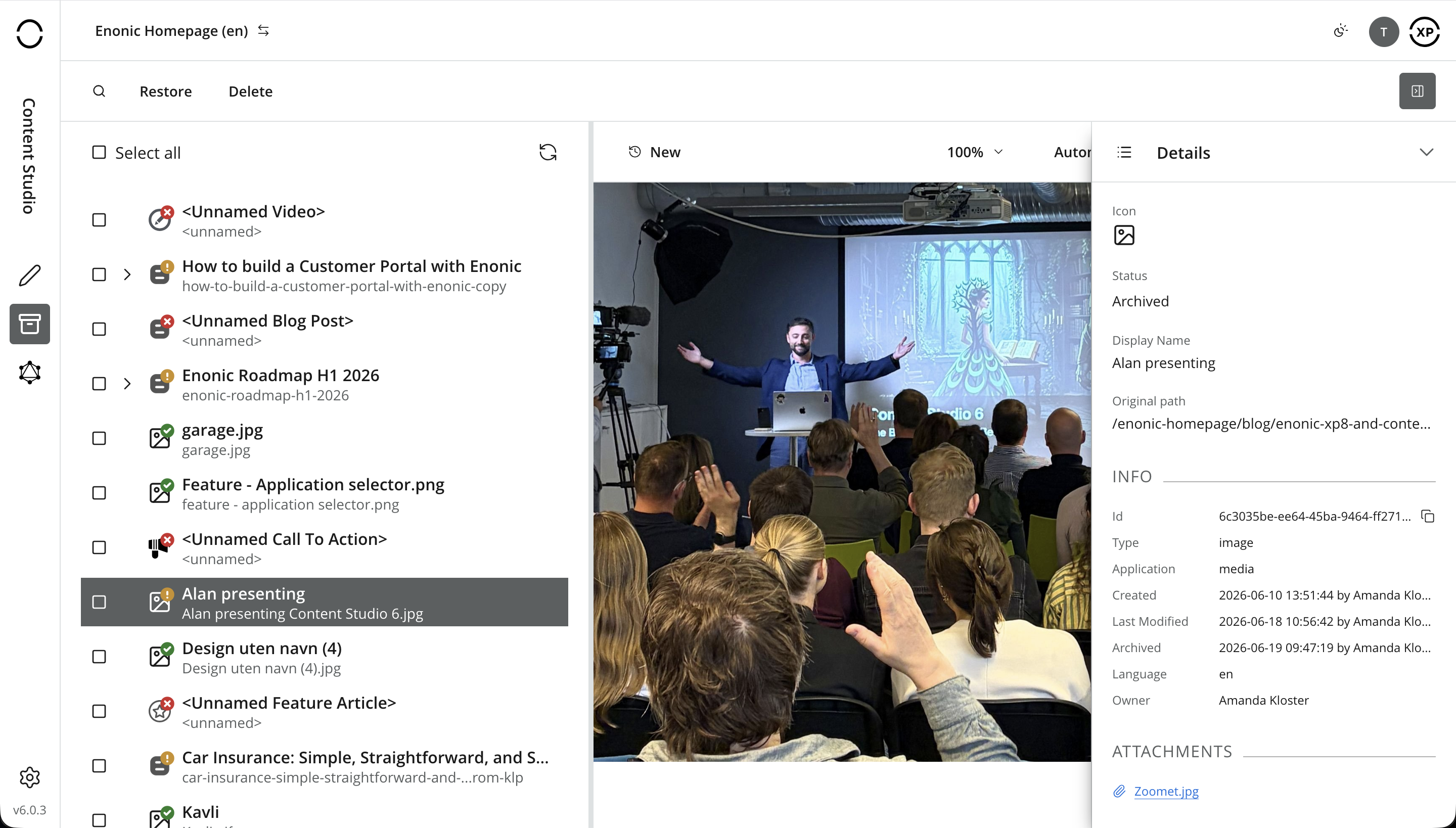 View of the archive browser with list