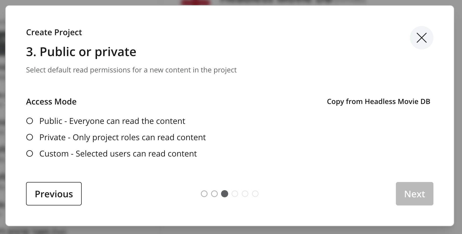 Project wizard showing the access mode choices for the new layer