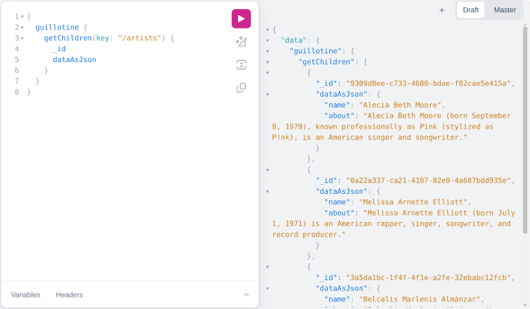 Query playground query returning artists content together with is name and about data - using dataAsJson field