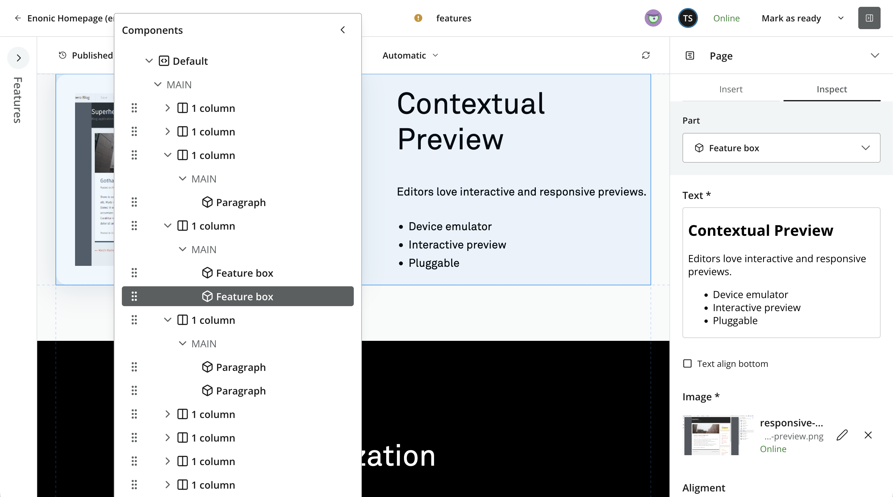 Page Editor with the Page Components tree floating beside the page preview