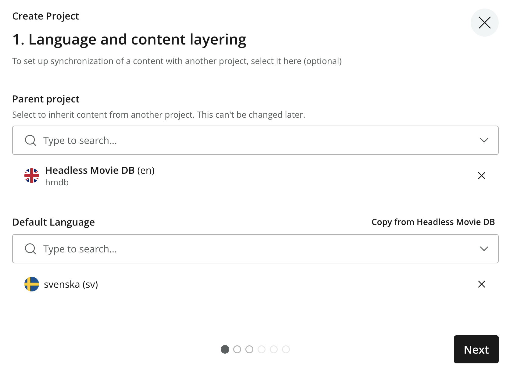Project wizard with a parent project and Swedish as the default language
