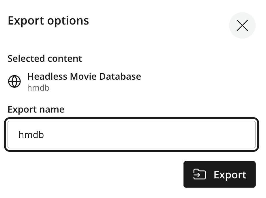 Export options dialog showing the selected item and suggested export name