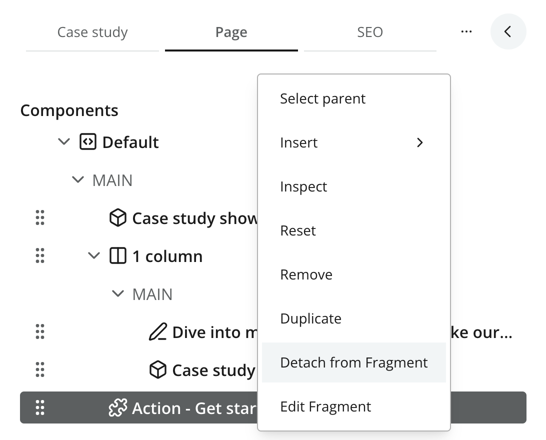 Component context menu with Detach from Fragment selected