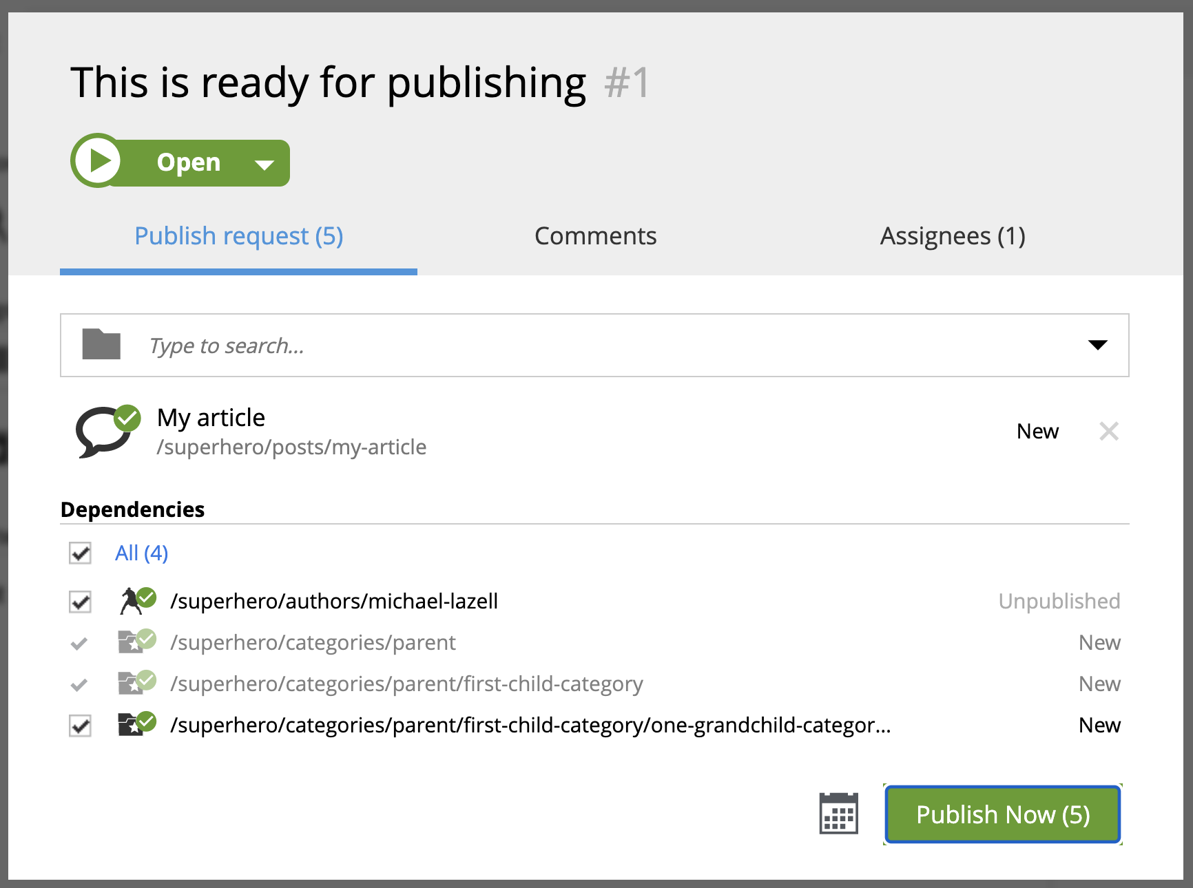 Publish request dialog