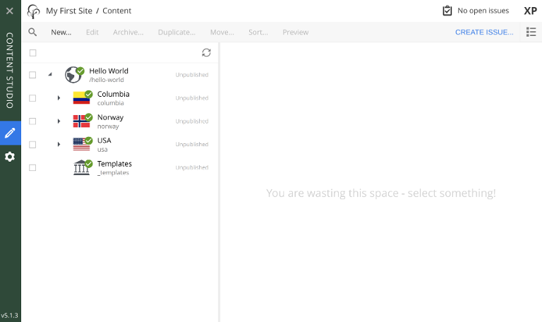 Tree structure showing countries and cities in Content Studio