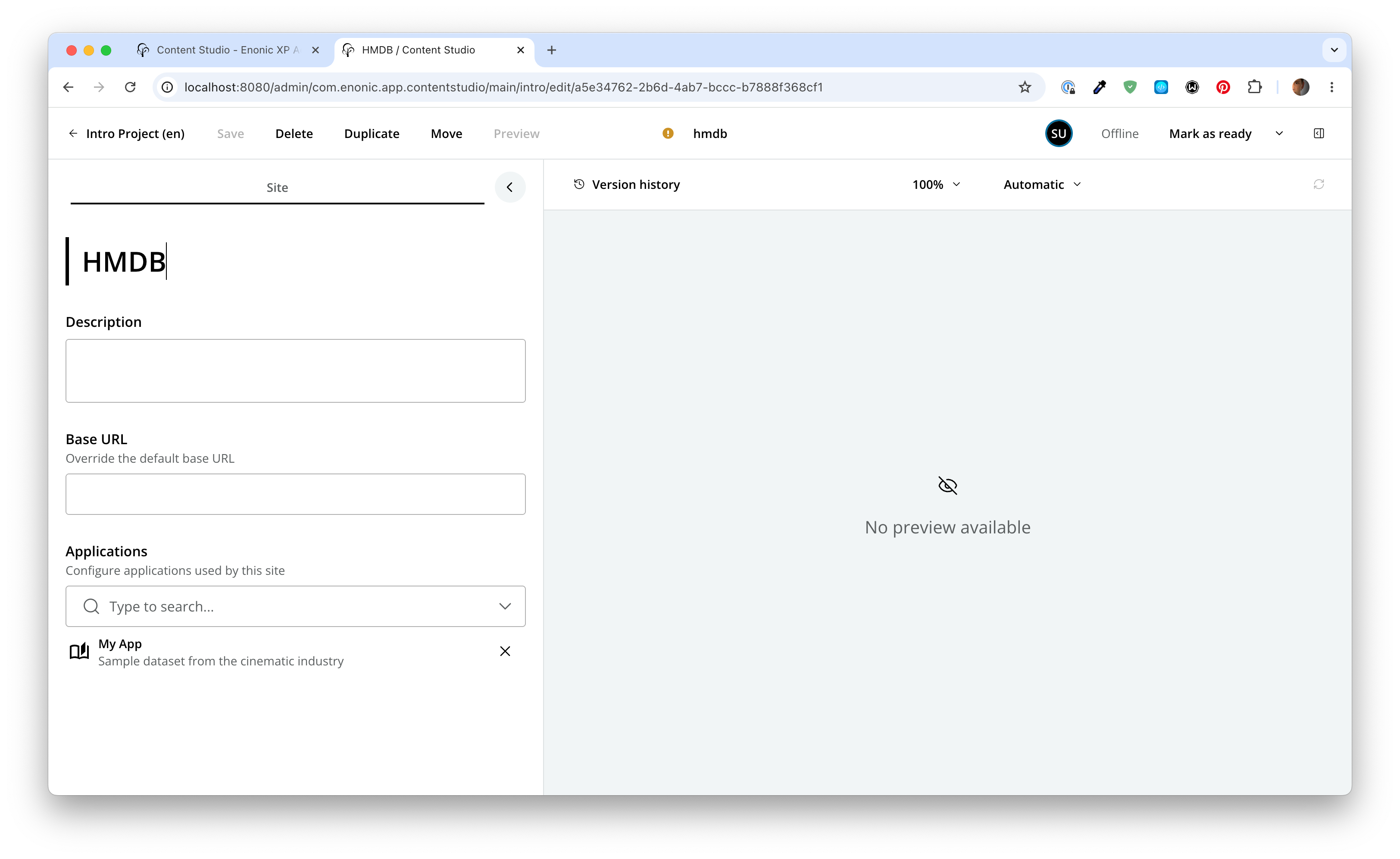 Give the site a name, and add the Movie DB app content studio create site