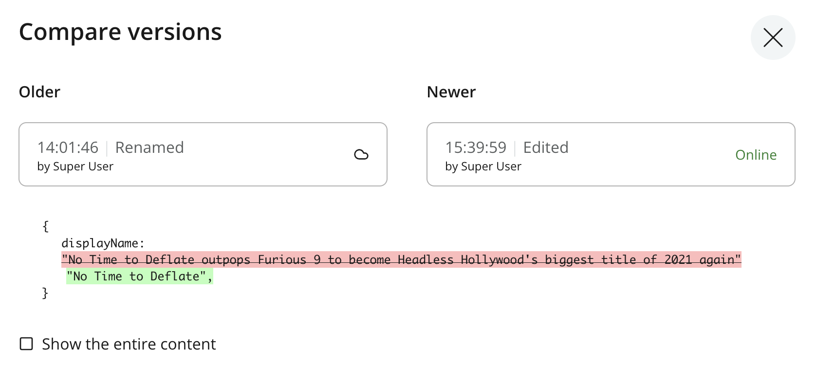 Compare versions dialog showing removed content in red and added content in green