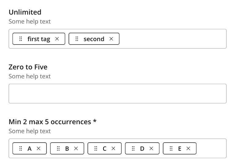 Three tag inputs showcasing 2 0 and 5 occurences