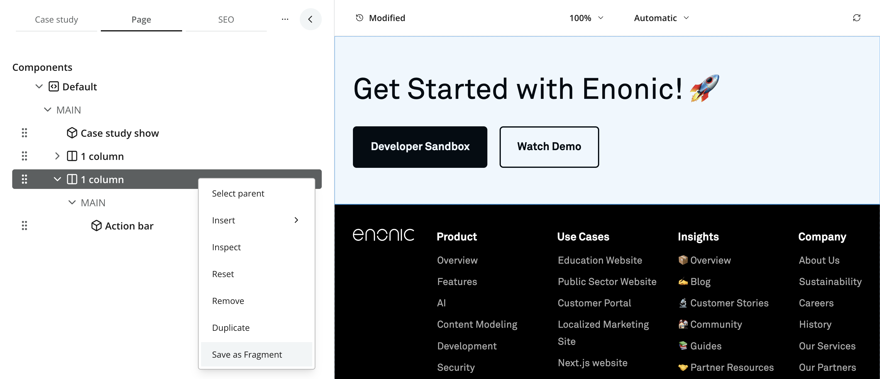 Page component context menu with Save as Fragment selected