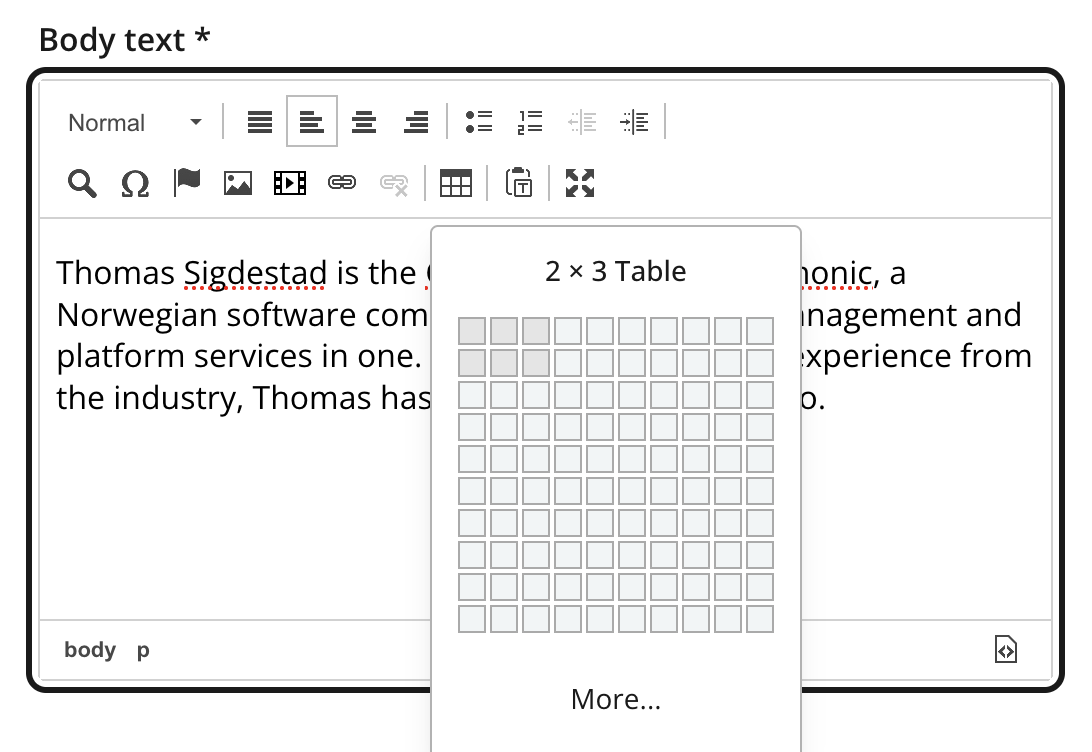 Table size selector with a two-by-three grid selected