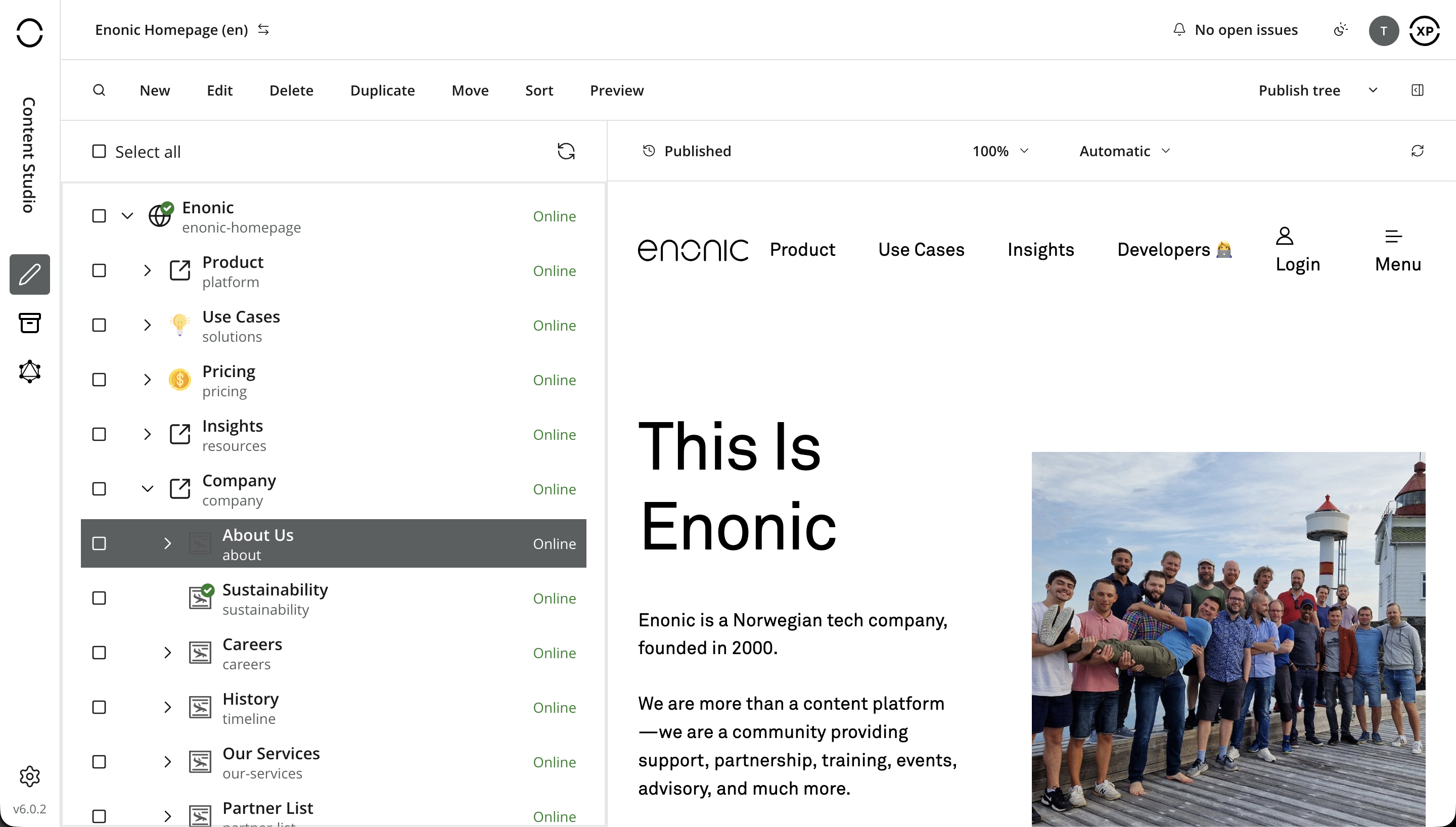 Content Studio screenshot showing the content list and preview of an Enonic web page saying "This is Enonic"