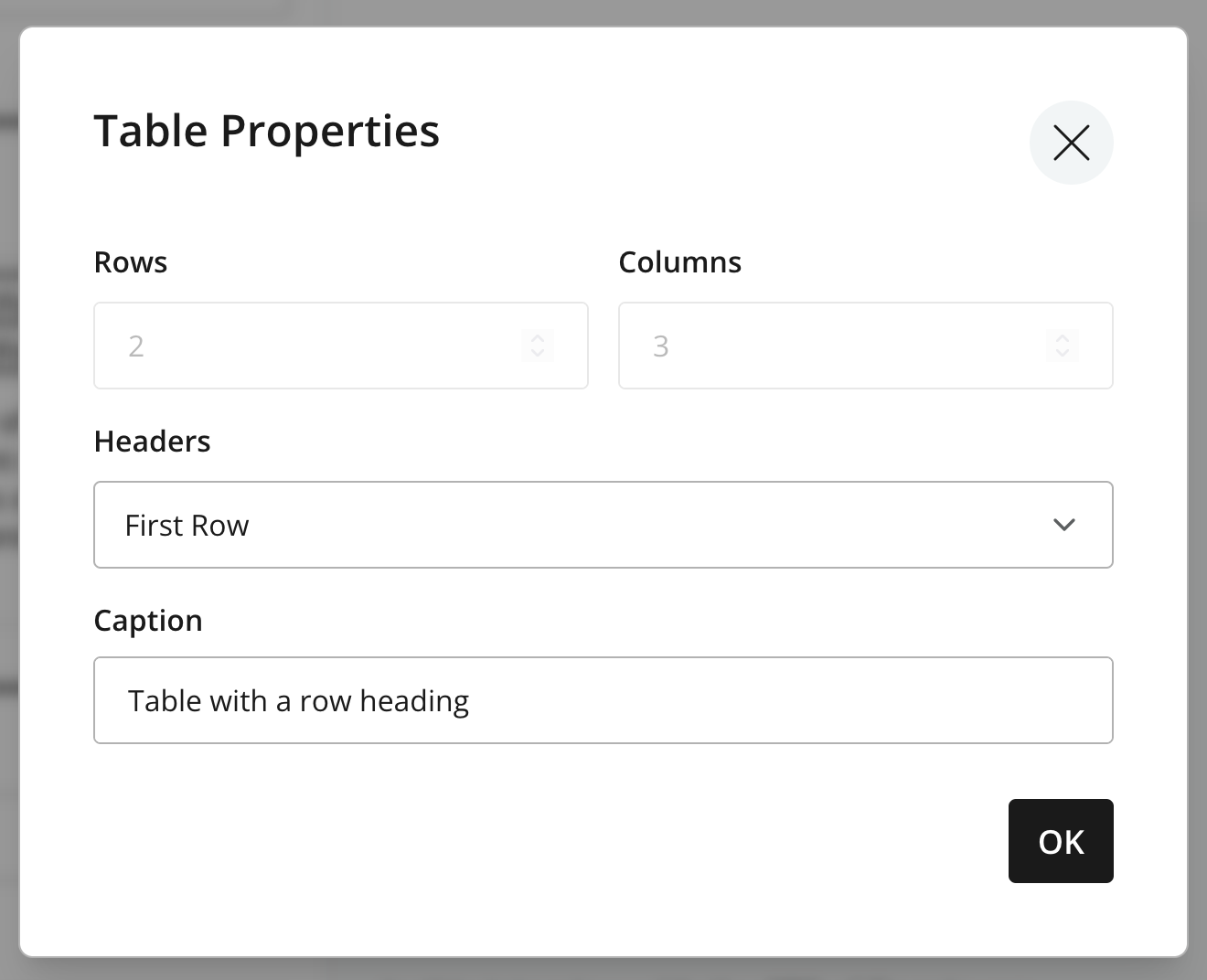 Table Properties dialog showing dimensions, headers, and a caption