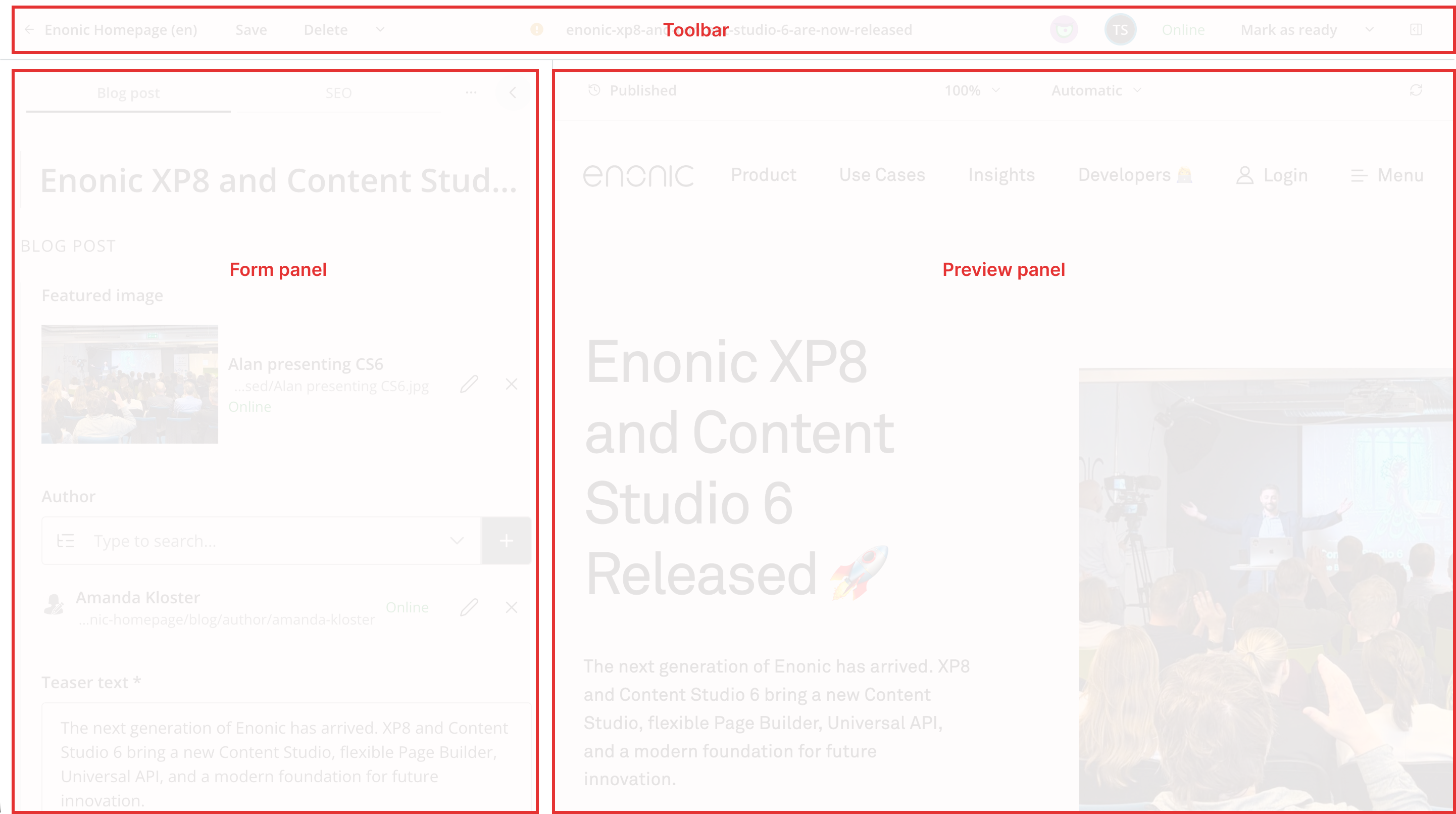 Content Editor with the toolbar above the content form and preview