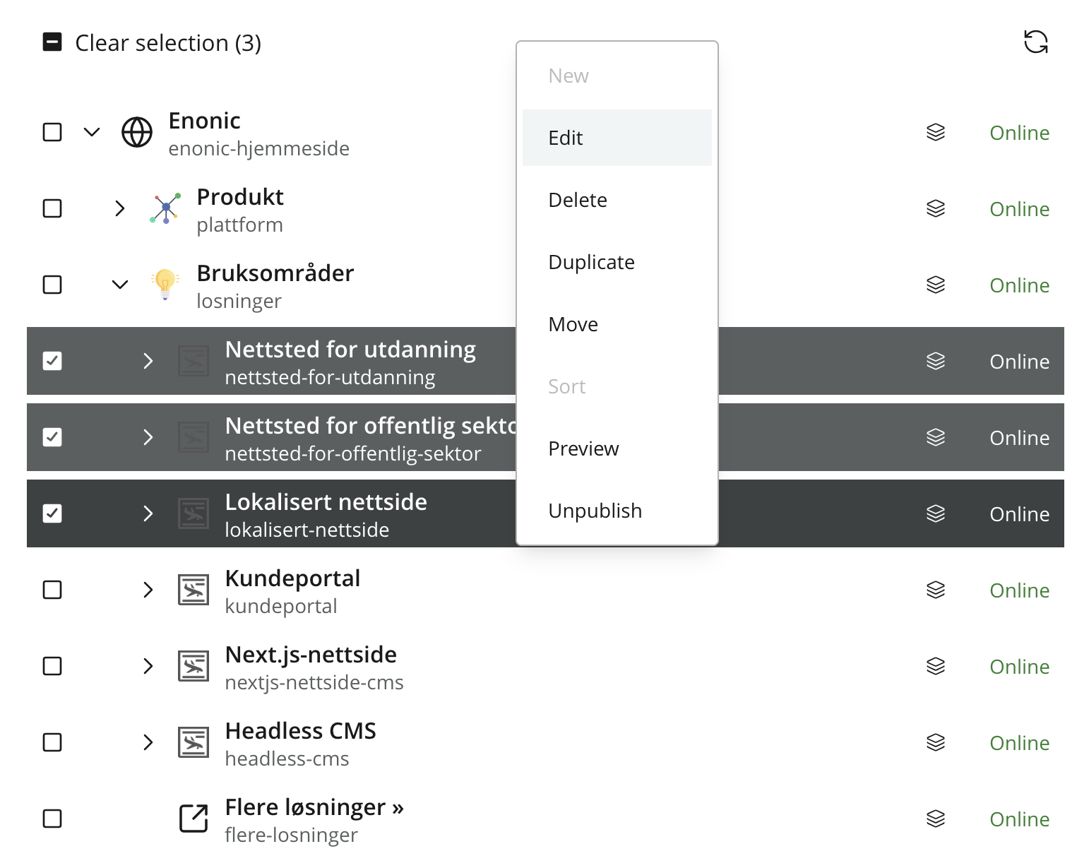 Bulk selection mode demonstrated along with right click for context menu
