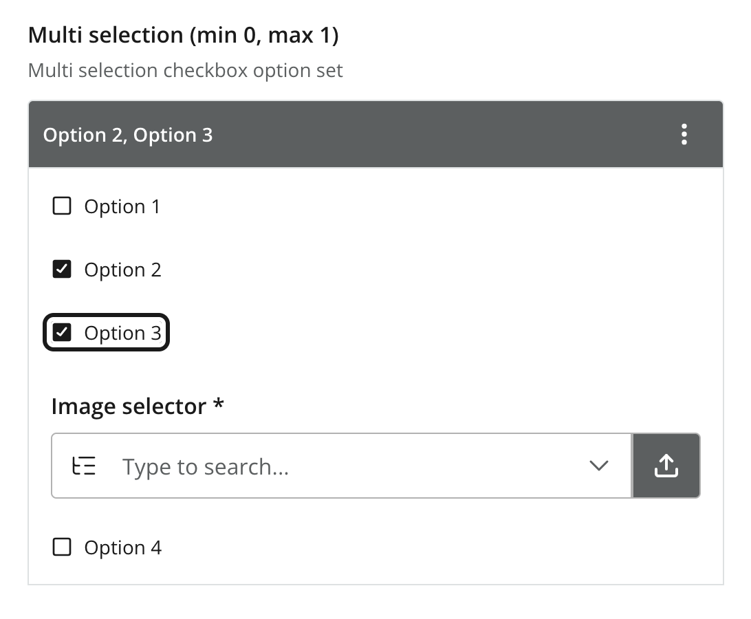 Card showing four checkboxes where two are selected and one of them contains an imageSelector field