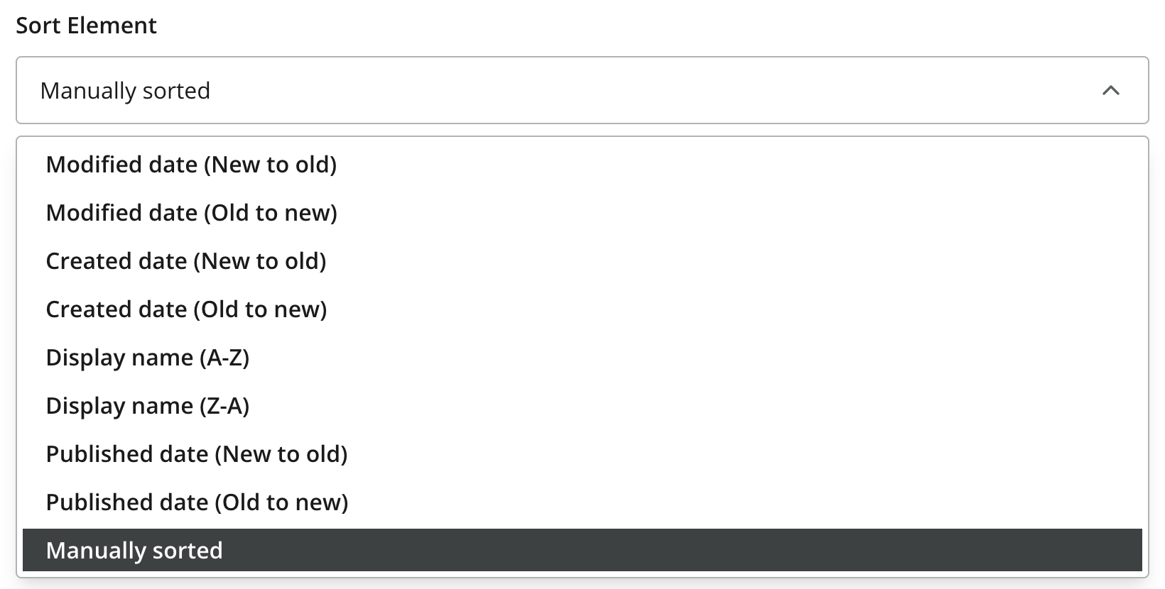 Expanded Sort Element selector showing date, display name, and Manually sorted options