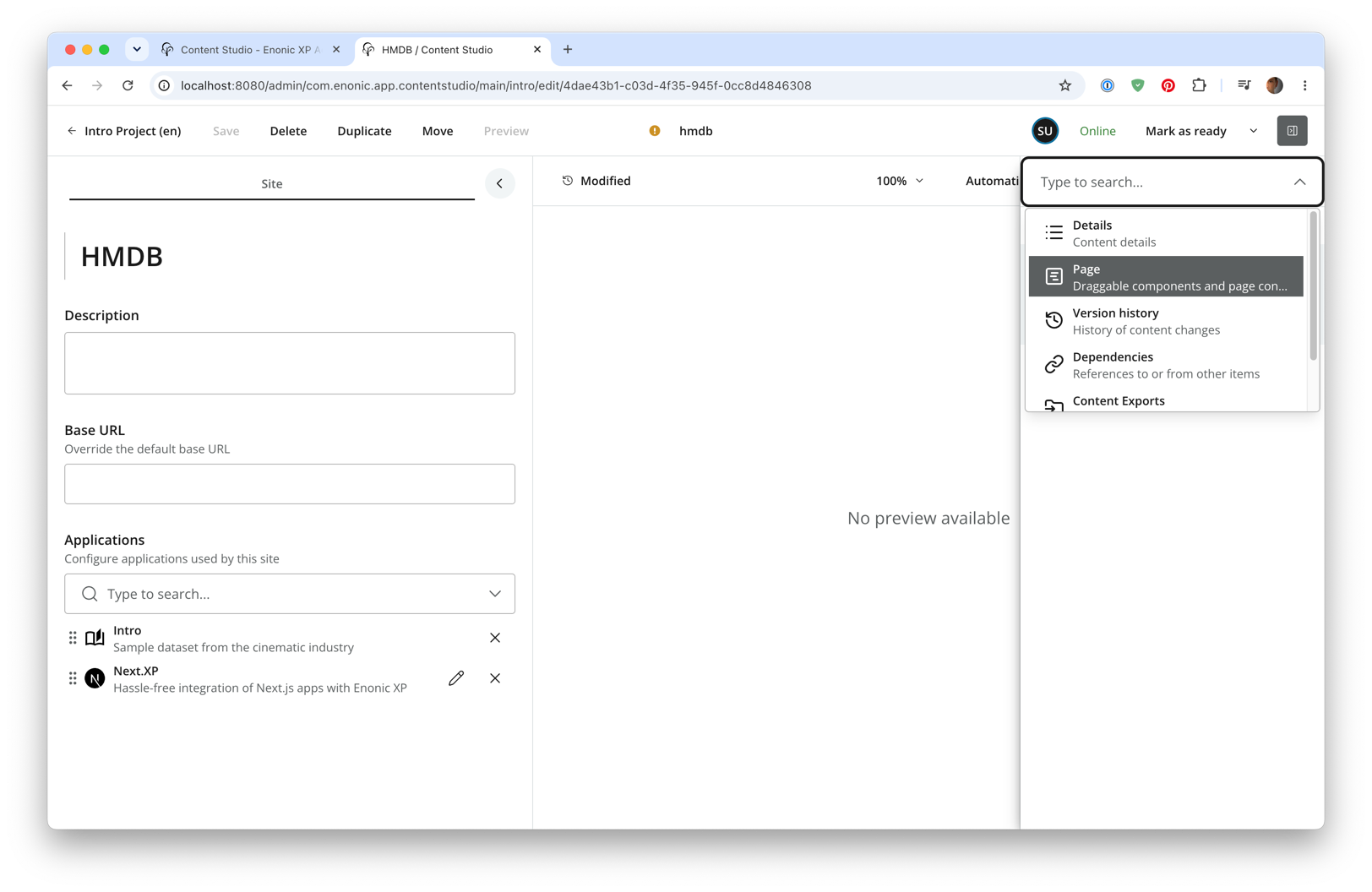 Selecting the page component in the page view page setup