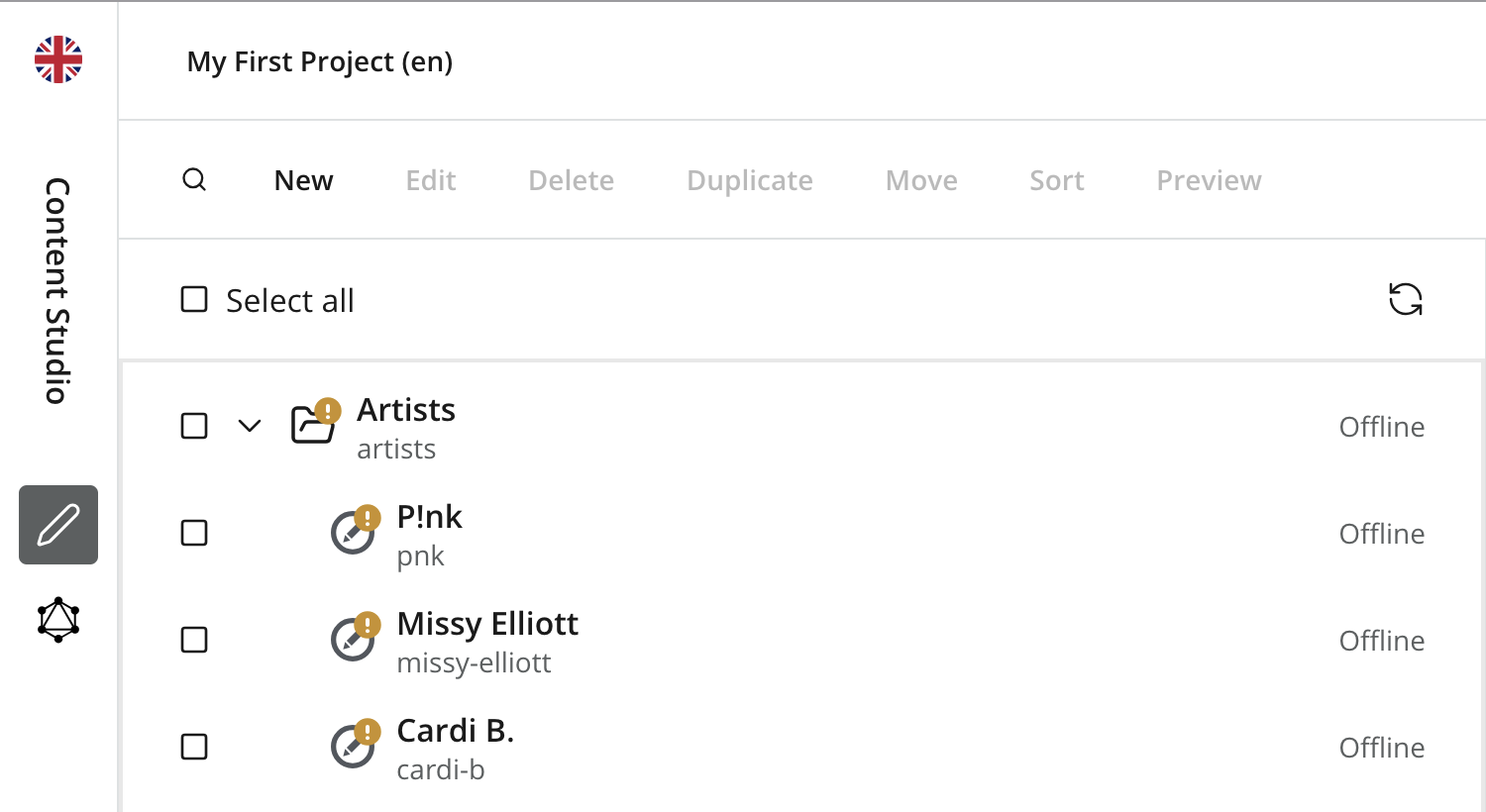 The content hierarchy showing the Artists folder with P!nk, Missy Elliott and Cardi B listed directly underneath it