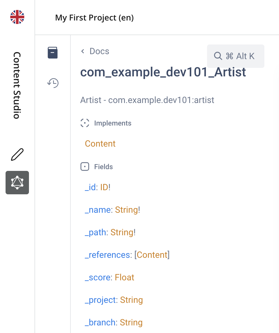 Query Playground Docs panel showing the Artist GraphQL object type, its Content interface, and common fields