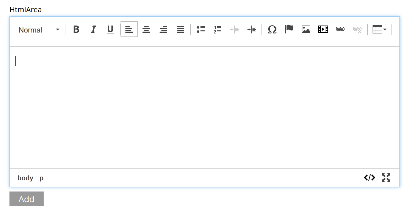 Input field with a toolbar at the top. Source and fullscreen buttons on the bottom left