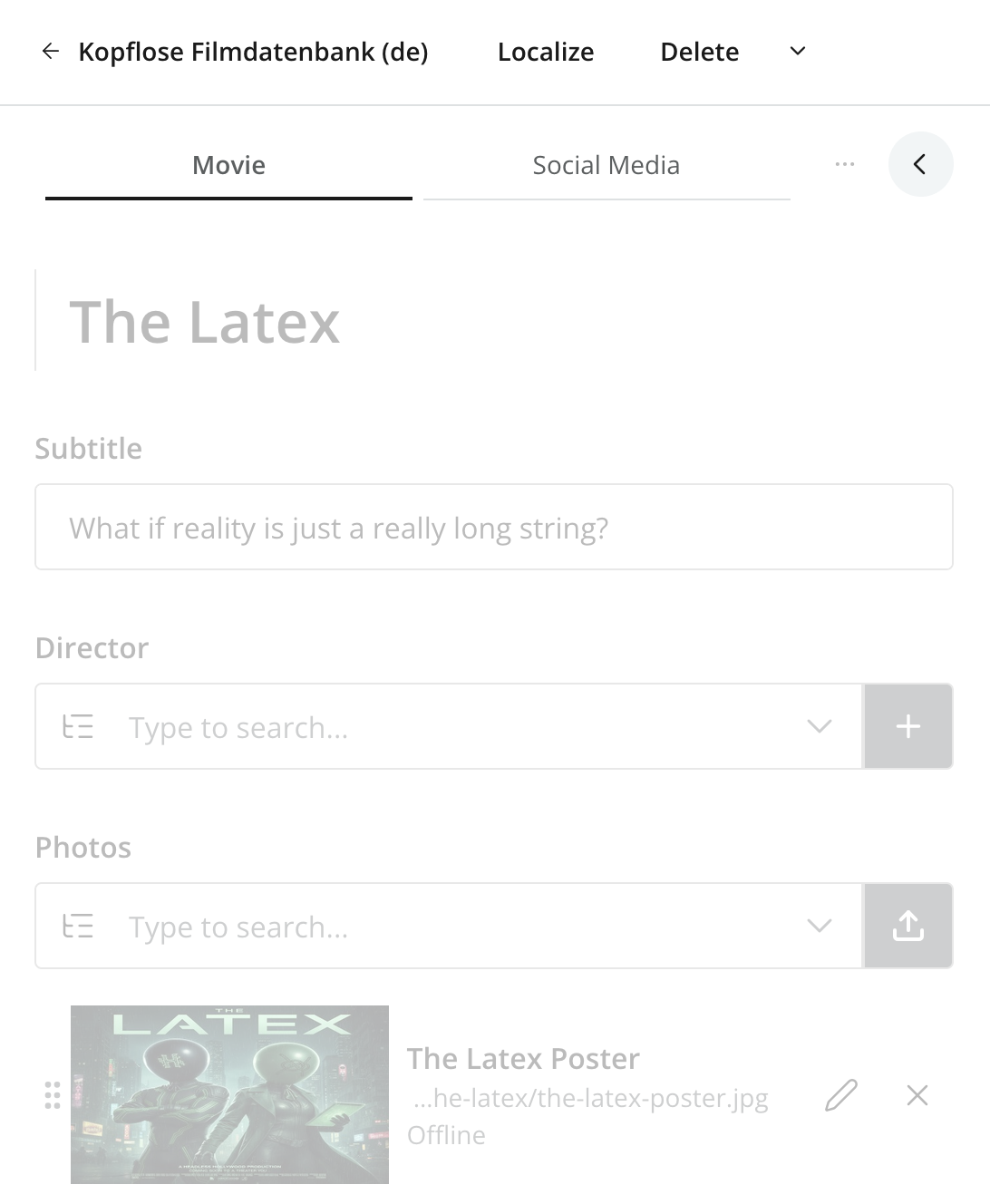 Content Editor with a disabled form and the Localize action available for an inherited item