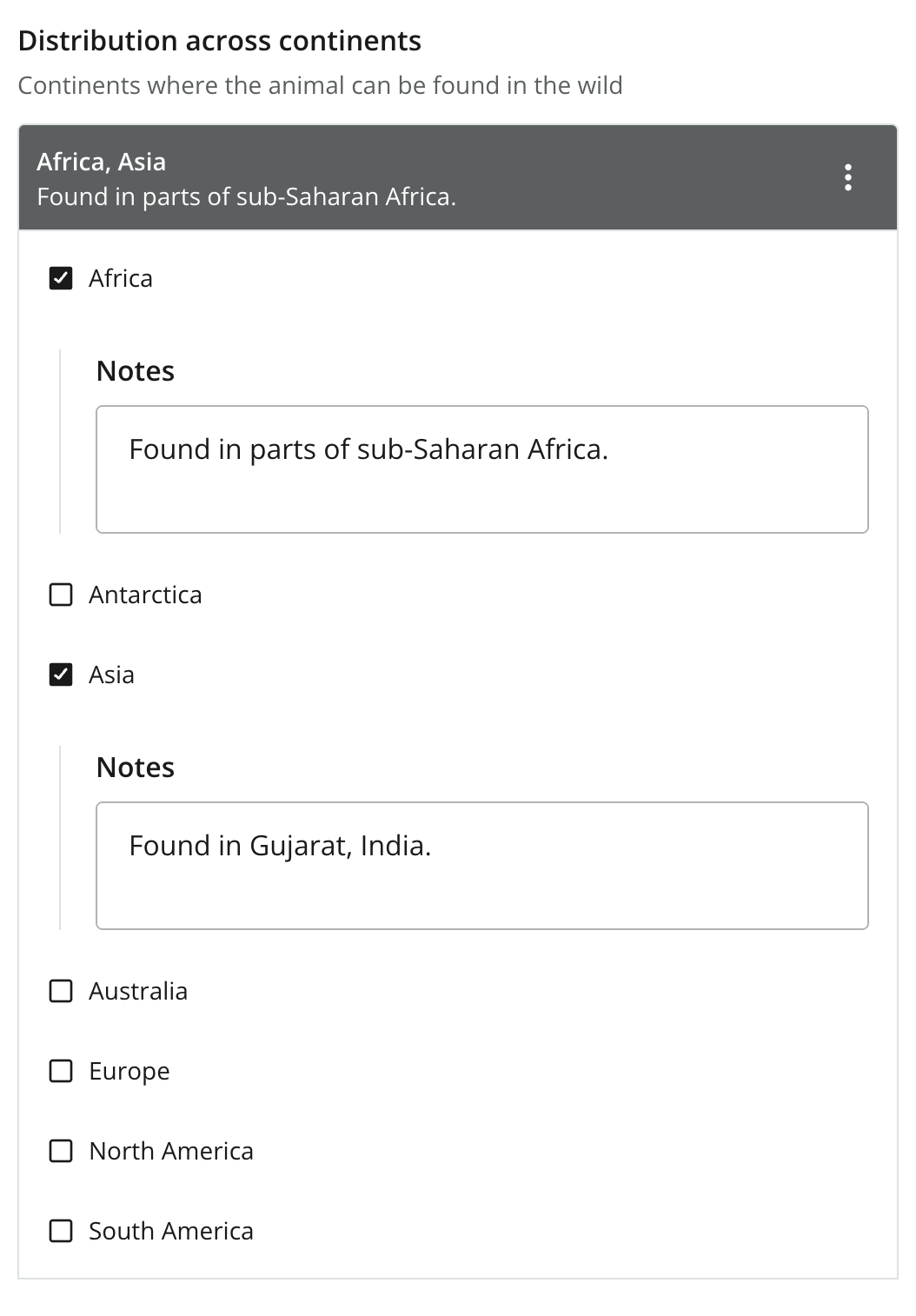 Distribution option set with Africa and Asia selected, each showing its own Notes field