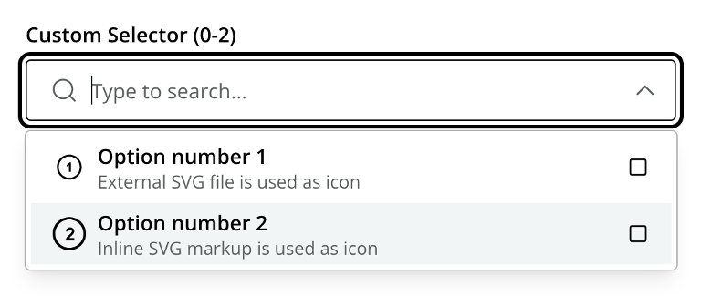 Custom selector dropdown with options and icons controlled via extension
