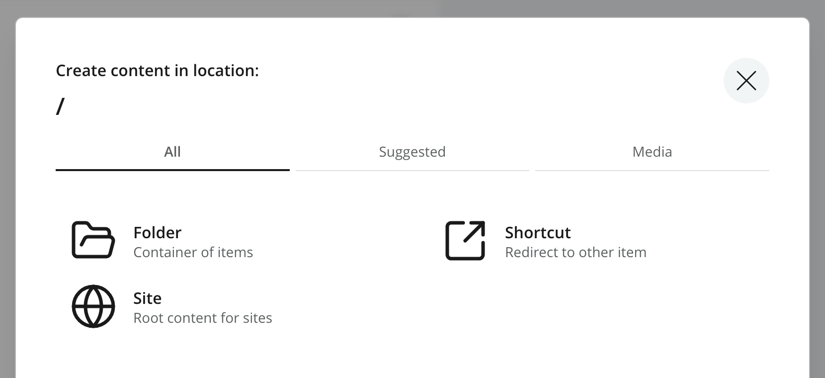 The Create content dialog, listing the built-in content types: Folder, Shortcut and Site