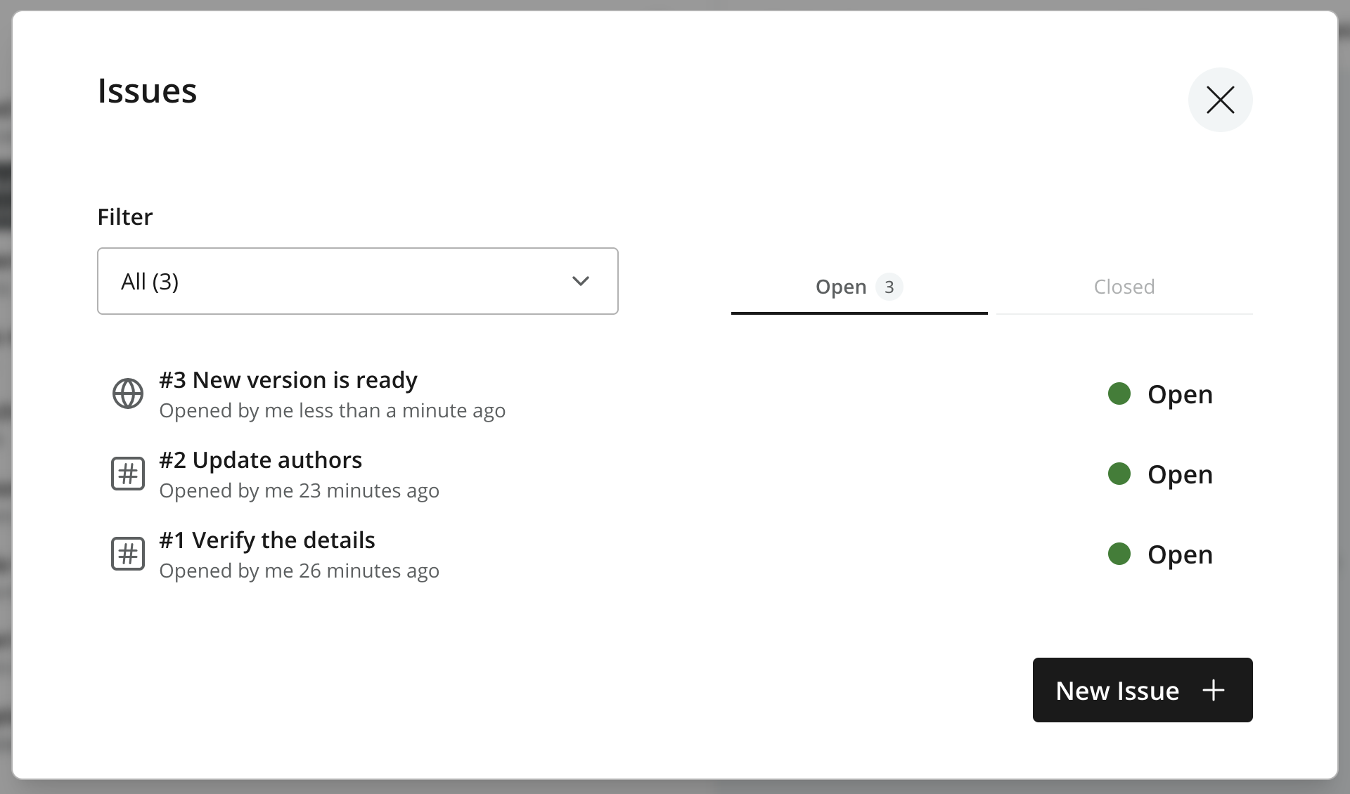 Issues dialog listing two general issues and a publish request, with Open and Closed tabs and New Issue button