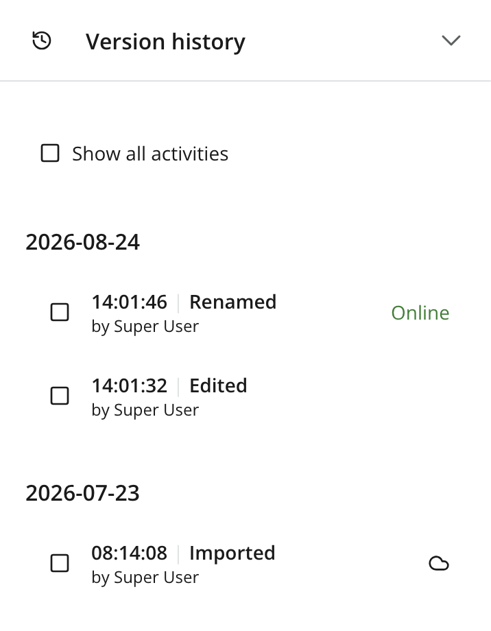 Version history panel showing recent content versions