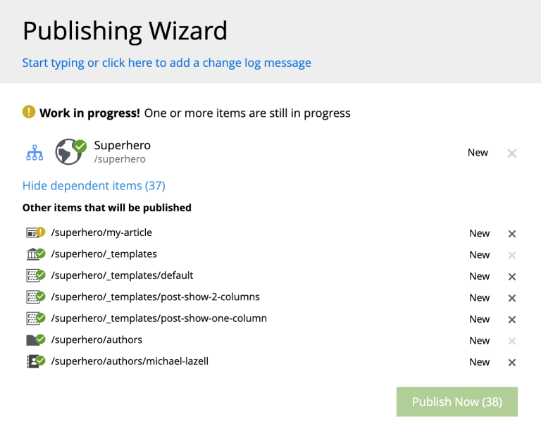 Content in progress in the Publishing Wizard