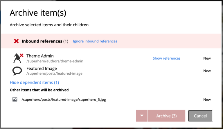 Reference check in the Archive item(s) dialog