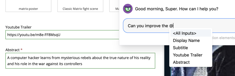 type @ to reveal list of contextual input fields