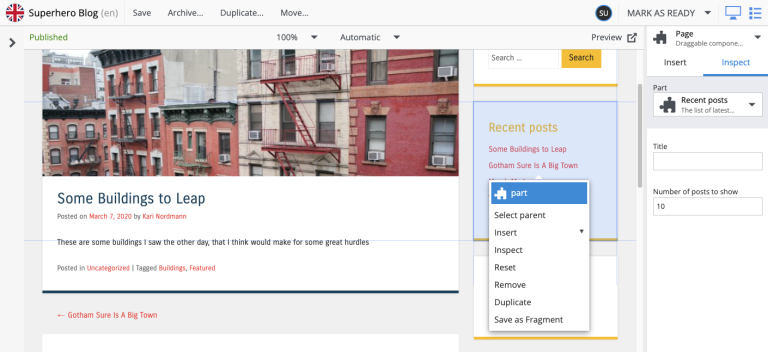 Page component context menu