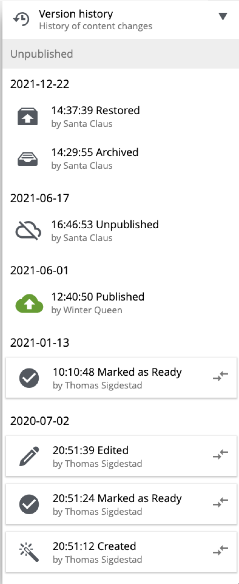 Version history of a restored item