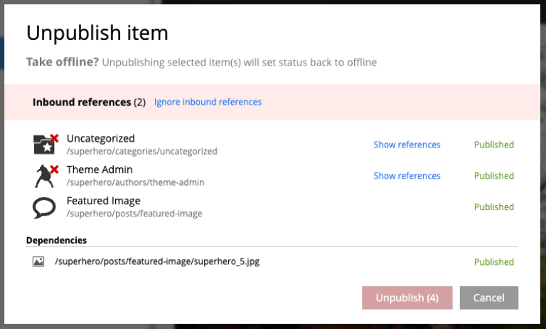 Reference check in the Unpublish Wizard