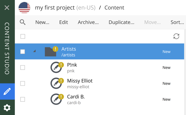The content hierarchy showing artists folder with "Cardi B", "Missy Elliot" and "P!nk" listed directly underneath it.