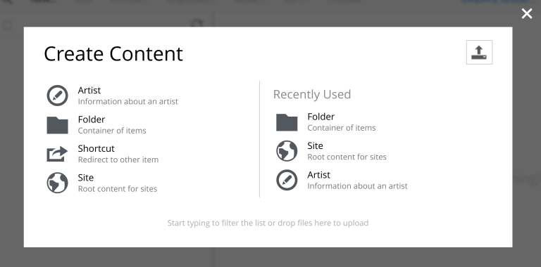 The "Create Content" dialog when creating content under the "My First Site" site. It contains more elements than previously, including the "Artist" content type that we created earlier.