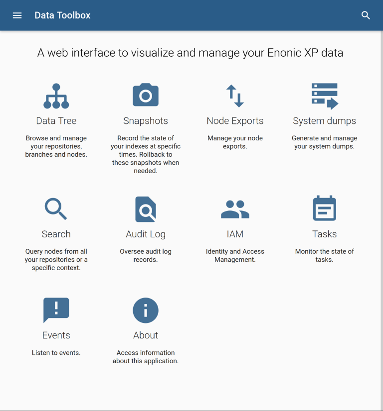 The Data Toolbox landing page: grid of icons for administrative actions and accompanying explanations. 